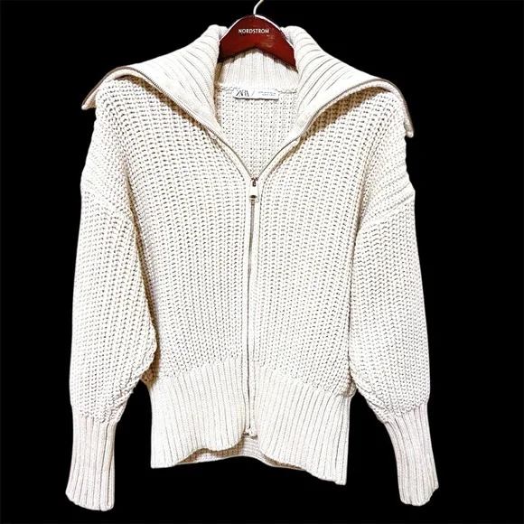 Zara high neck zipp up cardigan sweater, high neck chunky knit, cream, size M - Picture 6 of 11